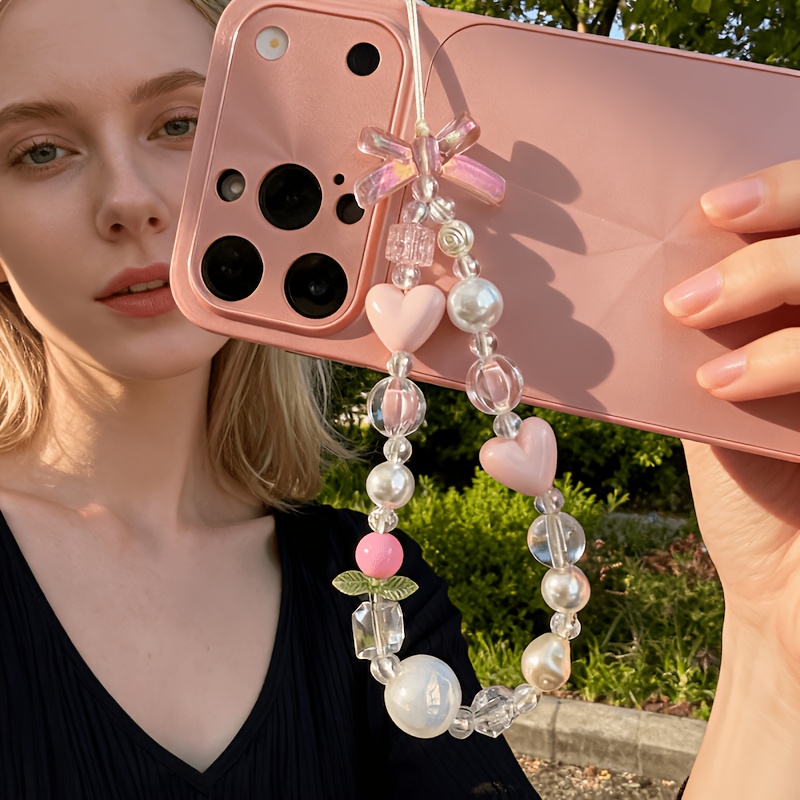 TEMU 1pc Pink Heart Bead Phone Chain, Girly Anti-loss Wrist Strap, Universal Phone Case Accessory