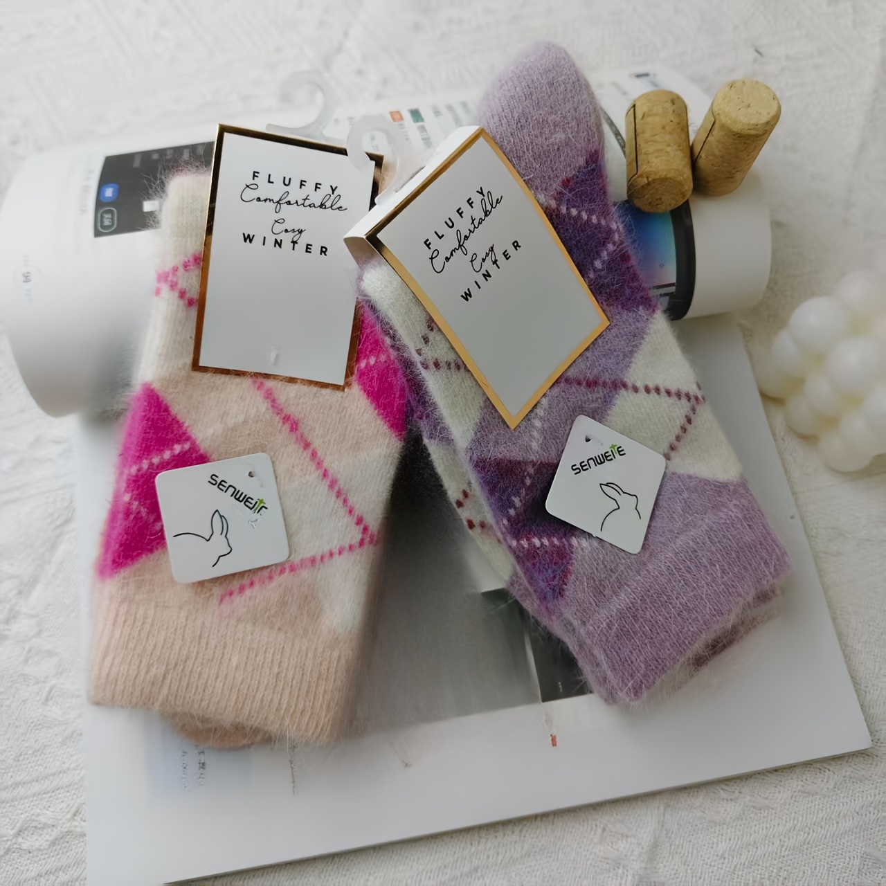 E-shop 2 Paar Damen Thermosocken für Herbst/Winter, wadenhoch, verdickt für Wärme, Rauten-Karomuster, vielseitig für den Arbeitsweg