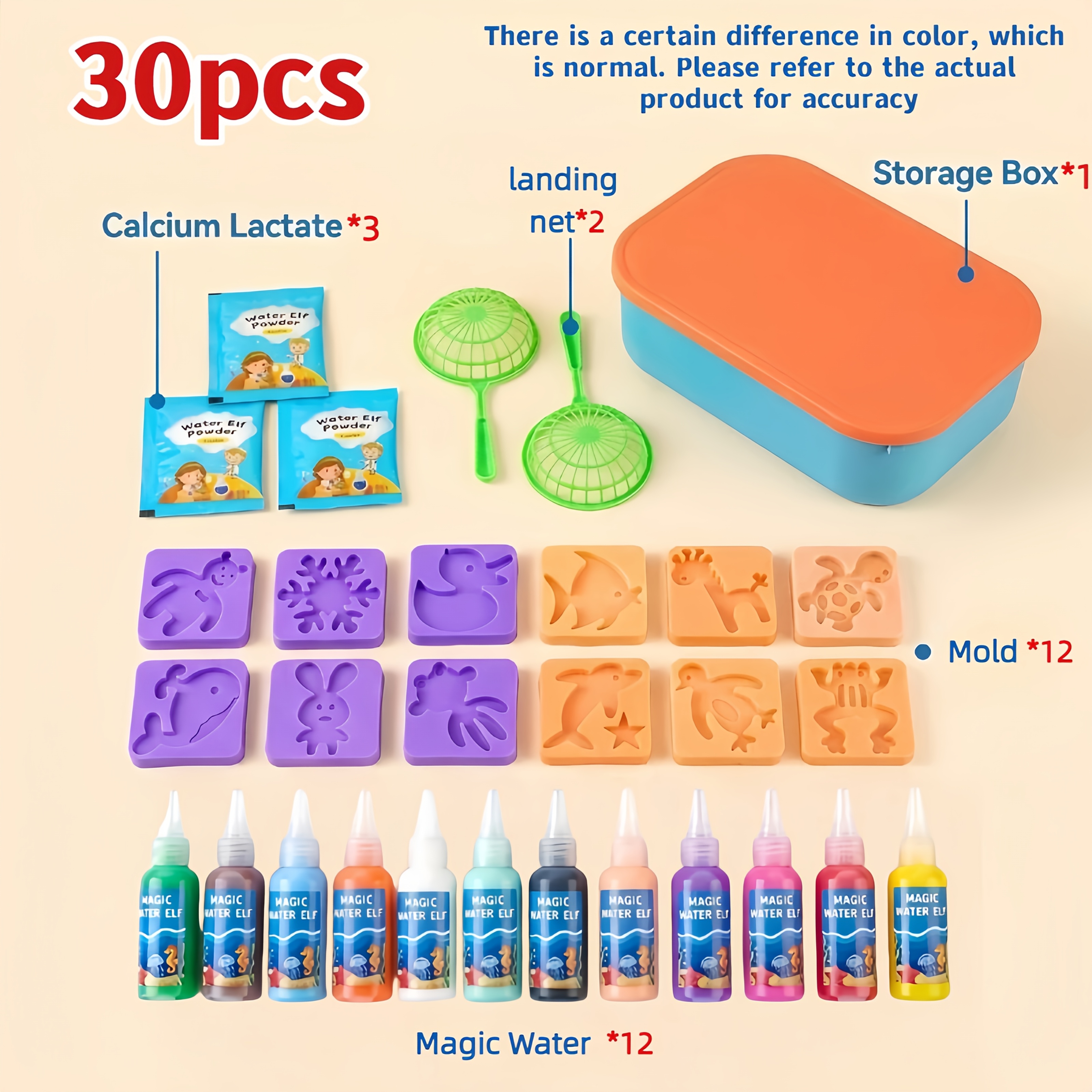 Image of Handmade Set Of 30pcs, Magic Water , 12 Molds, 2 Fishing Nets, 3 Packs Of Molding Powder And Storage Box, Educational Toy. Fast Molding, Finished Product Is Q-elastic And Flexible