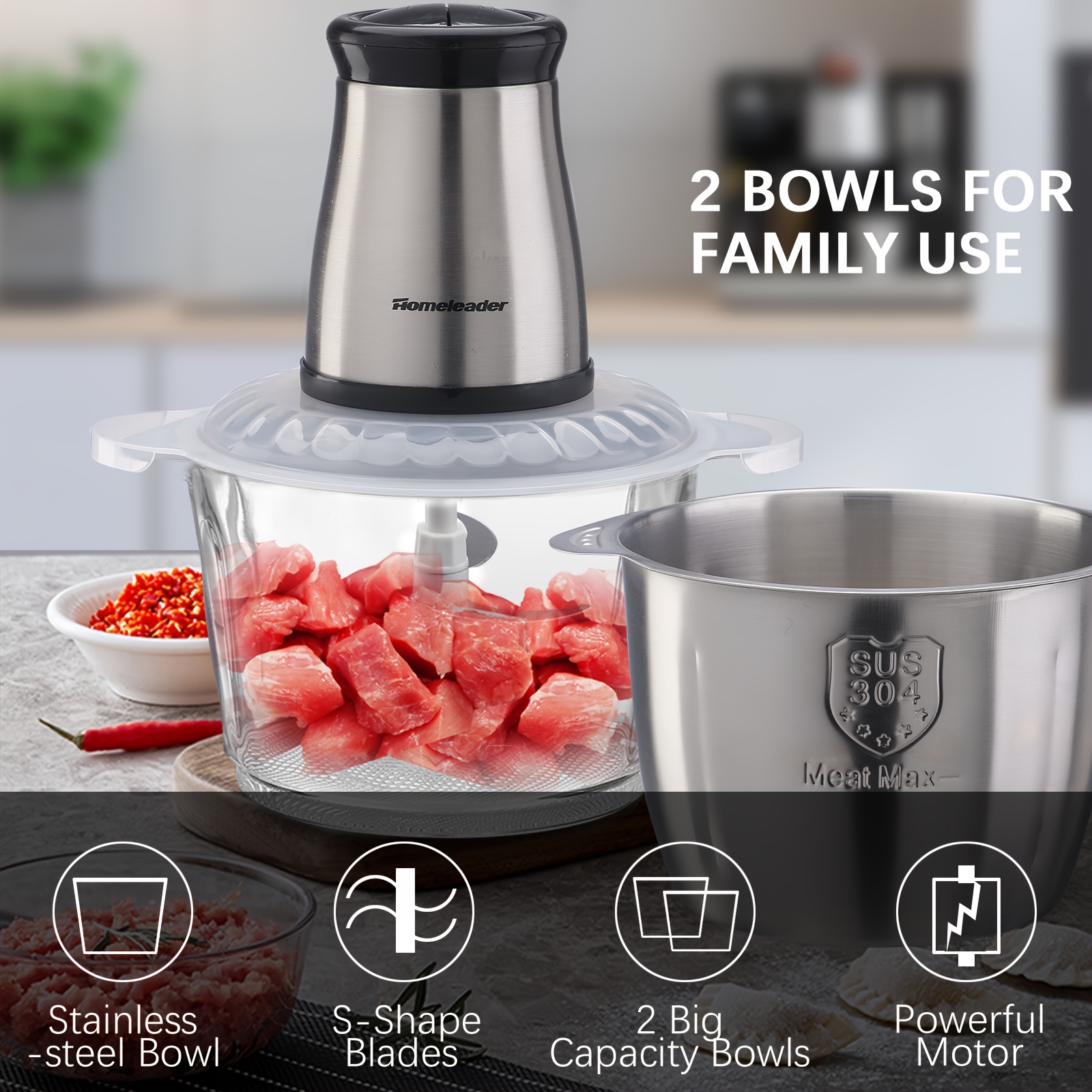  electric food chopper 4 stainless steel dual bowl multi purpose meat vegetable grinder detachable compact easy clean household kitchen food processor Product details 3