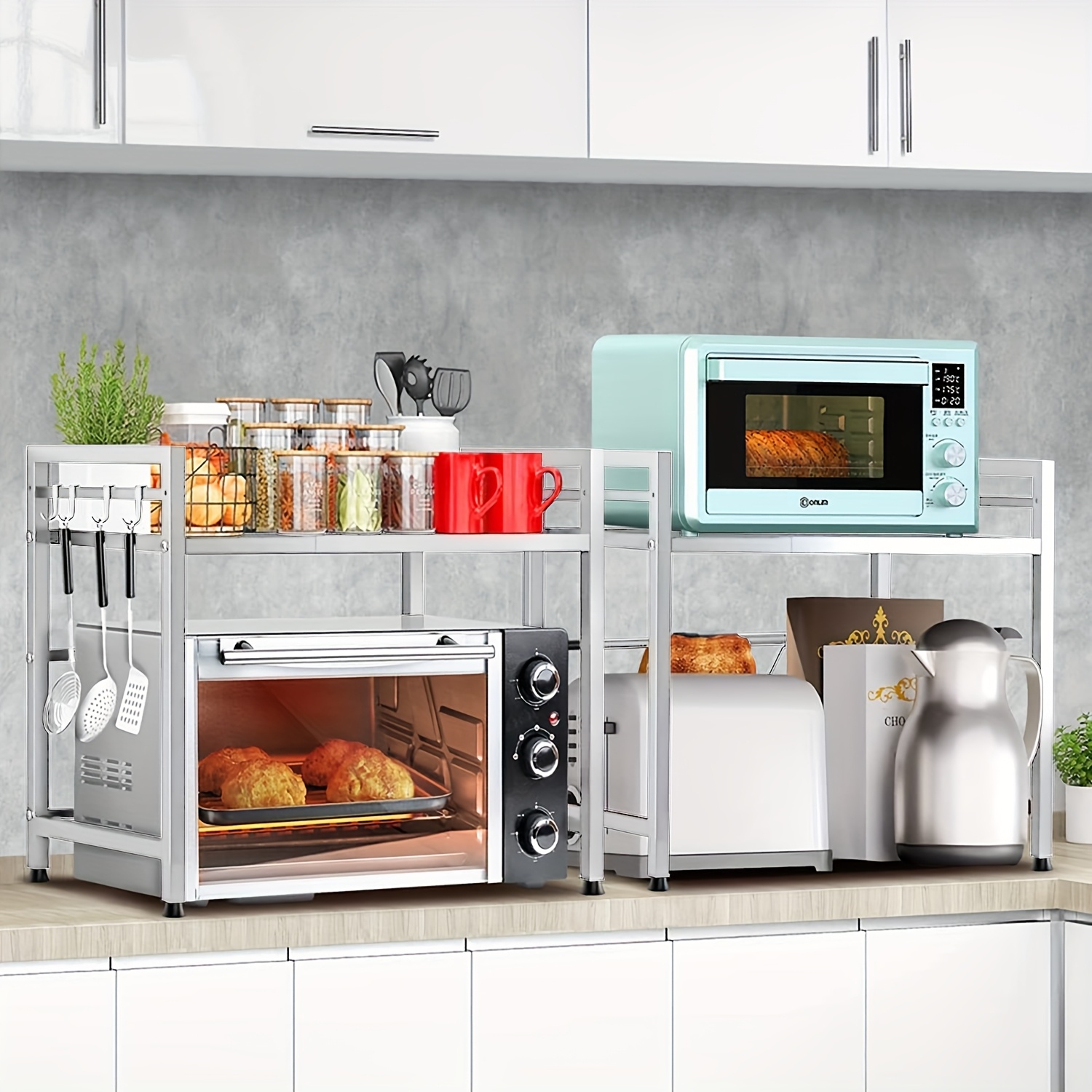 Kitchen Shelf, 40-64cm Extendable Microwave Shelf With 6 Hooks, 32cm/42cm Height-adjustable Microwave Stand, 30kg Load-bearing Microwave Oven Shelf, Microwave Oven Shelf, Spice Rack, Microwave Holder, Kitchen Storage Rack