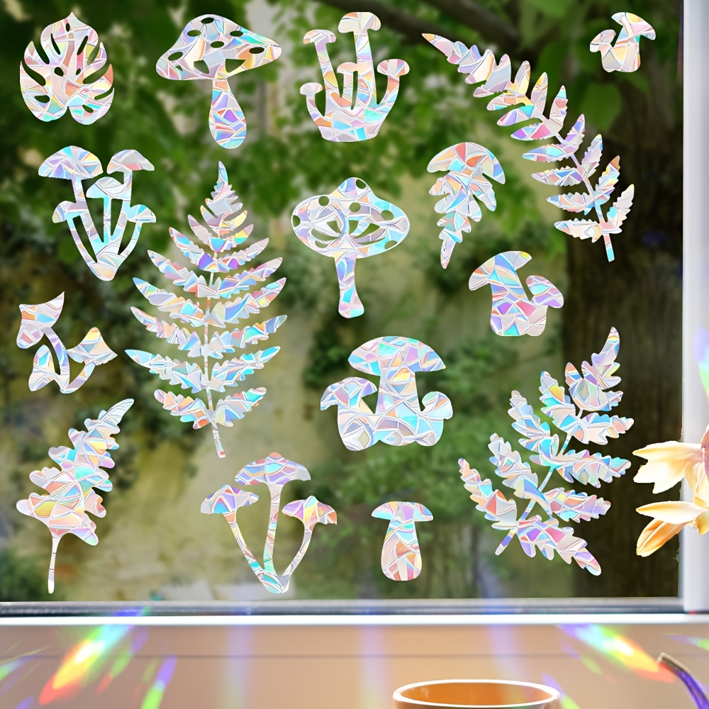Image of 16pcs Mushroom And Leaves Sun Catcher Window Decals For Bird Prevention Anti-collision Non-adhesive 16mil Pvc Prismatic Film, Catcher, Contemporary Design, Static Cling Film, Home Decors