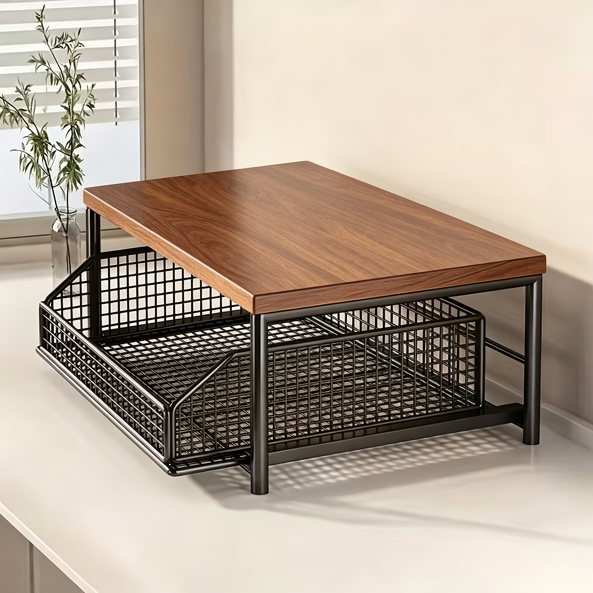 TEMU Étagère de cuisine pour four à micro-ondes avec panier coulissant, support de rangement à double pour four de comptoir, panier en de grande pour