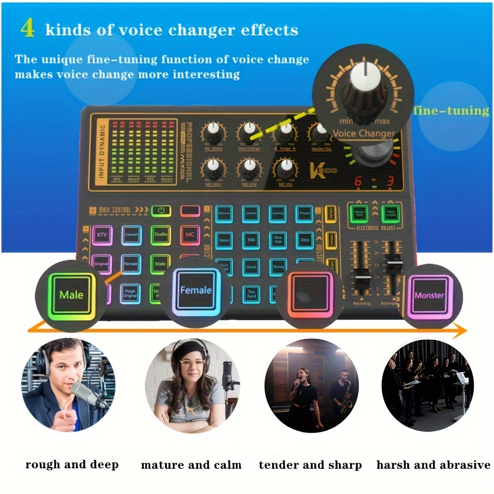 Professional Audio Mixer, K300 Live Sound Card and Audio Interface Sound  Board with Multiple DJ Mixer Effects,Voice Changer and LED Light, Prefect  for