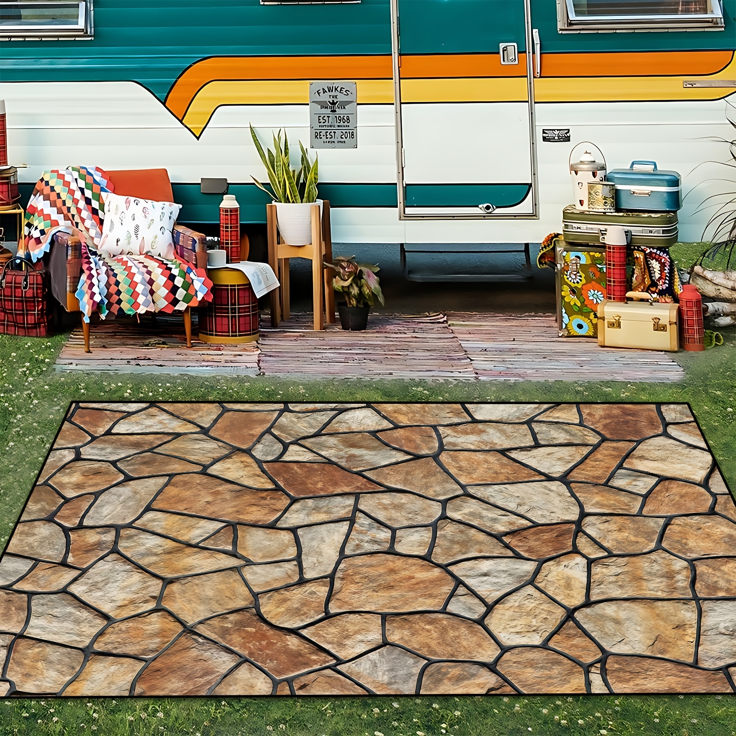 

Chic Brick Pattern Outdoor Rug - , Easy-clean & Washable, Patio, Lawn, Beach, Rv - Rubber Backing, Stain & Dust Resistant - Ideal Christmas Gift