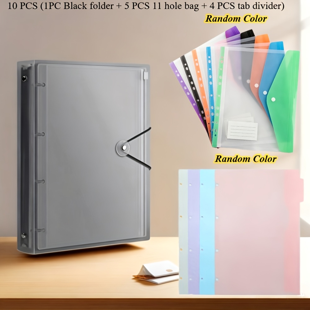 TEMU Arxr 10pcs A4 Binder File Set, Durable Colored Pp Binder Folder With 5 Random Color 11-hole Punch Bags And 4 Mixed Color Tab Dividers, Portable
