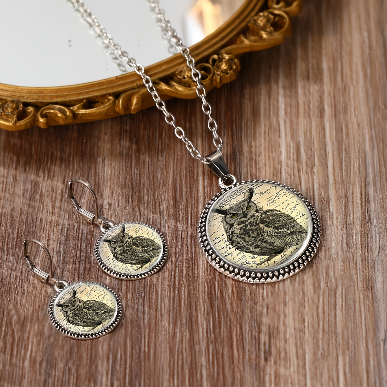 3pcs Vintage Owl Pattern Necklace and Earrings Set for Women