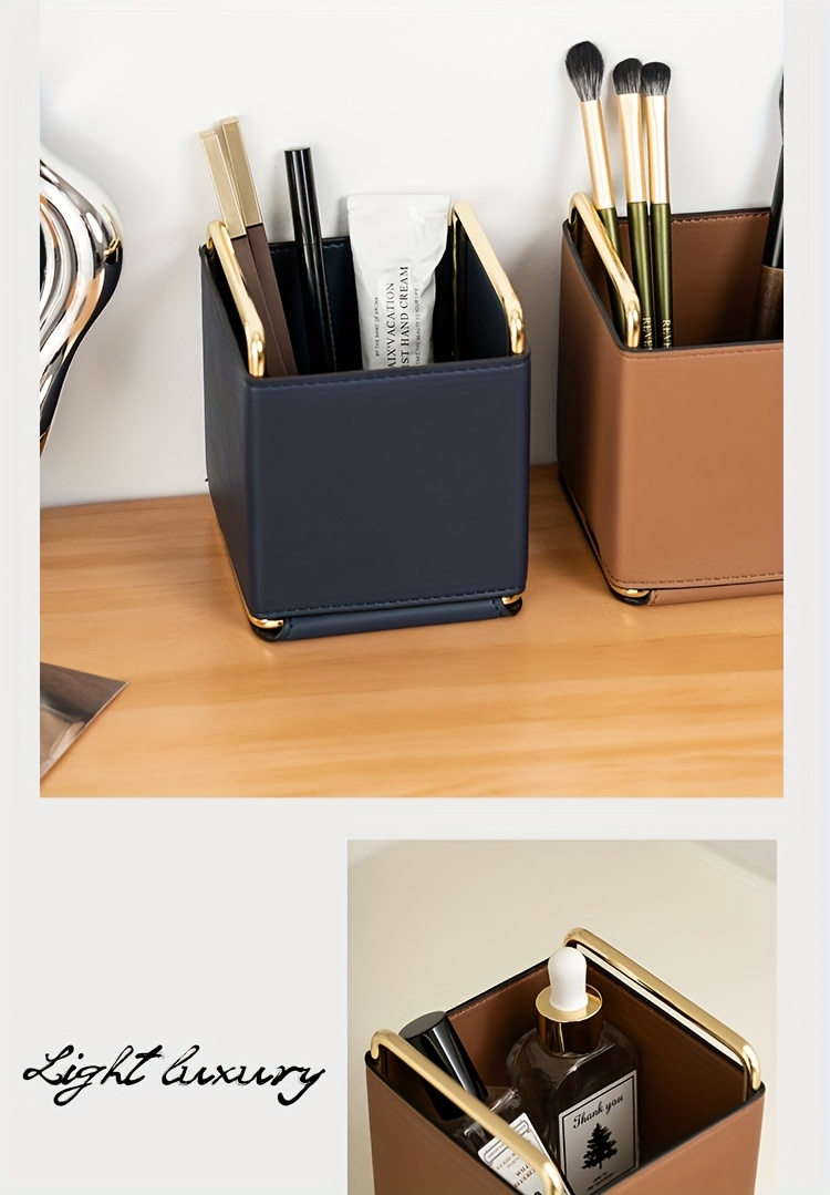 1pc of lightweight   leather storage tube makeup brush organizer vanity eyebrow and eyeshadow brush holder metal frame leather pen case desktop remote   storage box stylish square storage box multifunctional shelf living room countertop organizer fashionable high quality item Product details 2