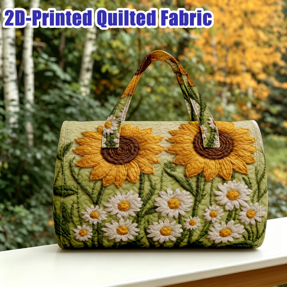 TEMU 1pc Quilted Sunflower Daisy Floral Duffel Bag Large Capacity Cylinder Travel Tote With Handles Pattern Fresh Pastoral Spring Overnight Weekender