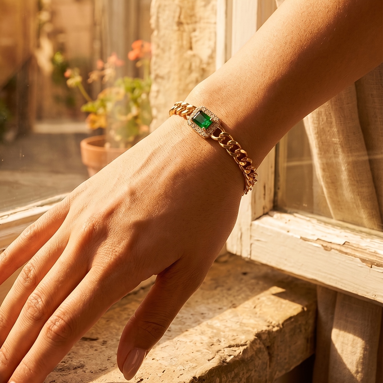 Women's Elegant Rectangular Green Zirconia Chain Bracelet, Daily Wear