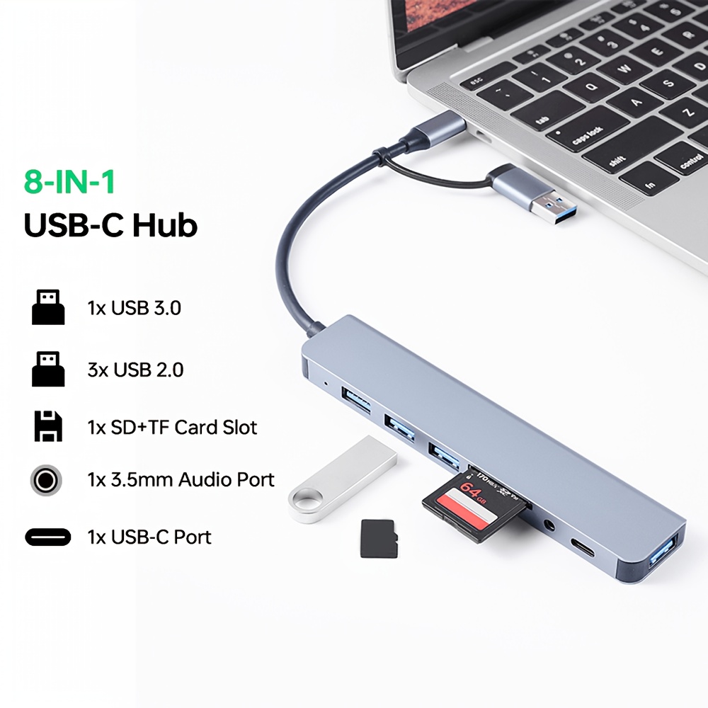 an 8 in 1 multifunctional docking station with a usb c a supporting high speed usb 3 0 transfer it a tf sd card reader and a 3 5mm headphone jack making it lightweight and portable suitable for devices like laptops and smartphones expanding options and enhancing work details 5