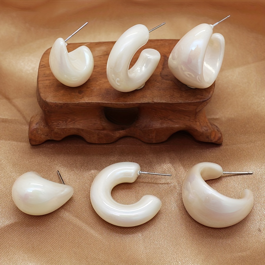 Image of 6pcs/set Fashionable Shell-colored Ccb Smooth Hoop Earrings Set For Women' Casual Wear, Valentine's Day, Parties, Banquets, Weddings Gift For Couples Or