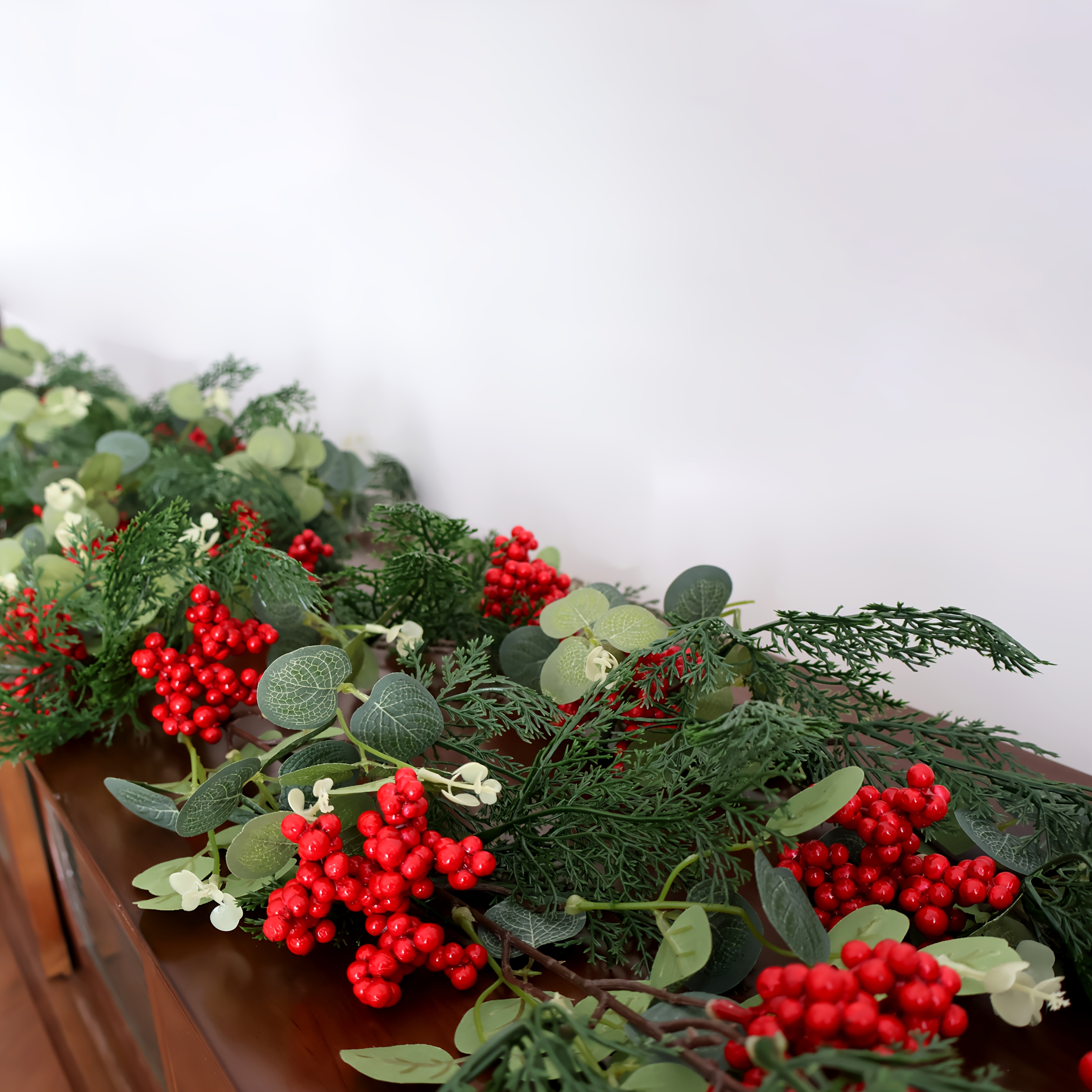 TEMU .58ft Artificial Christmas Garland - Realistic Pine & With Eucalyptus Leaves And Red Berries, Indoor/outdoor Holiday Decor, Christmas Decor