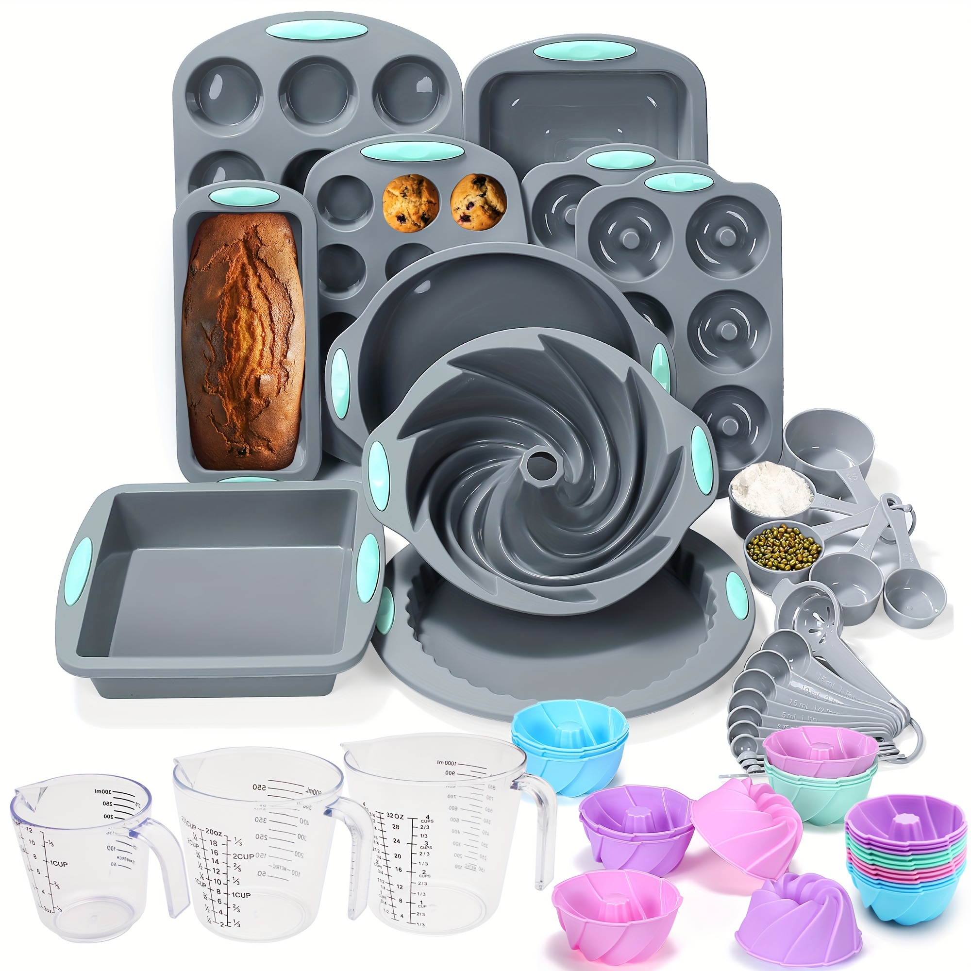 

54 Pieces Silicone Baking Pan Set, Silicone Cake Molds, Baking Sheet, Donut Pan, Silicone Muffin Pan With 24 Pack Silicone Baking Cups, Dishwasher Safe