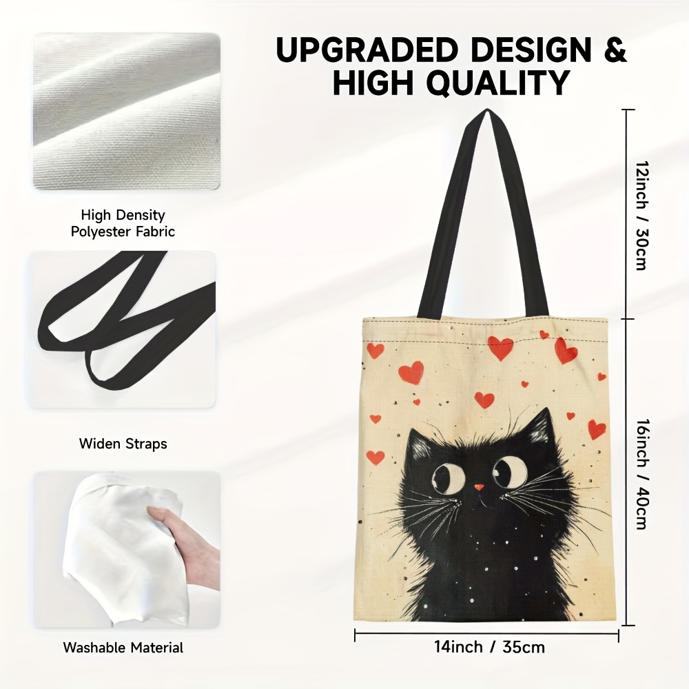 TEMU 1pc, Spacious Canvas Tote Featuring Black Cat And Heart Designs, Sturdy Shoulder Bag Suitable For Shopping, Beach , And Daily Activities, Canvas