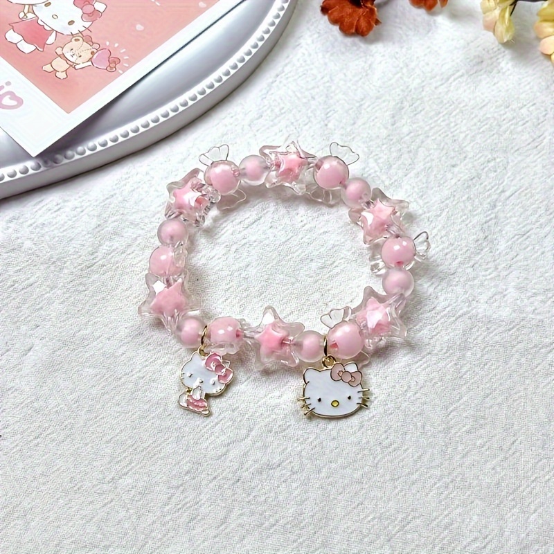 

Bracelet Sanrio Hello Kitty avec Perles Roses et Blanches et Porte- - Bijoux à Thème Animalier, Cadeau Idéal pour Femmes et Couples, Parfait pour Tenues Décontractées