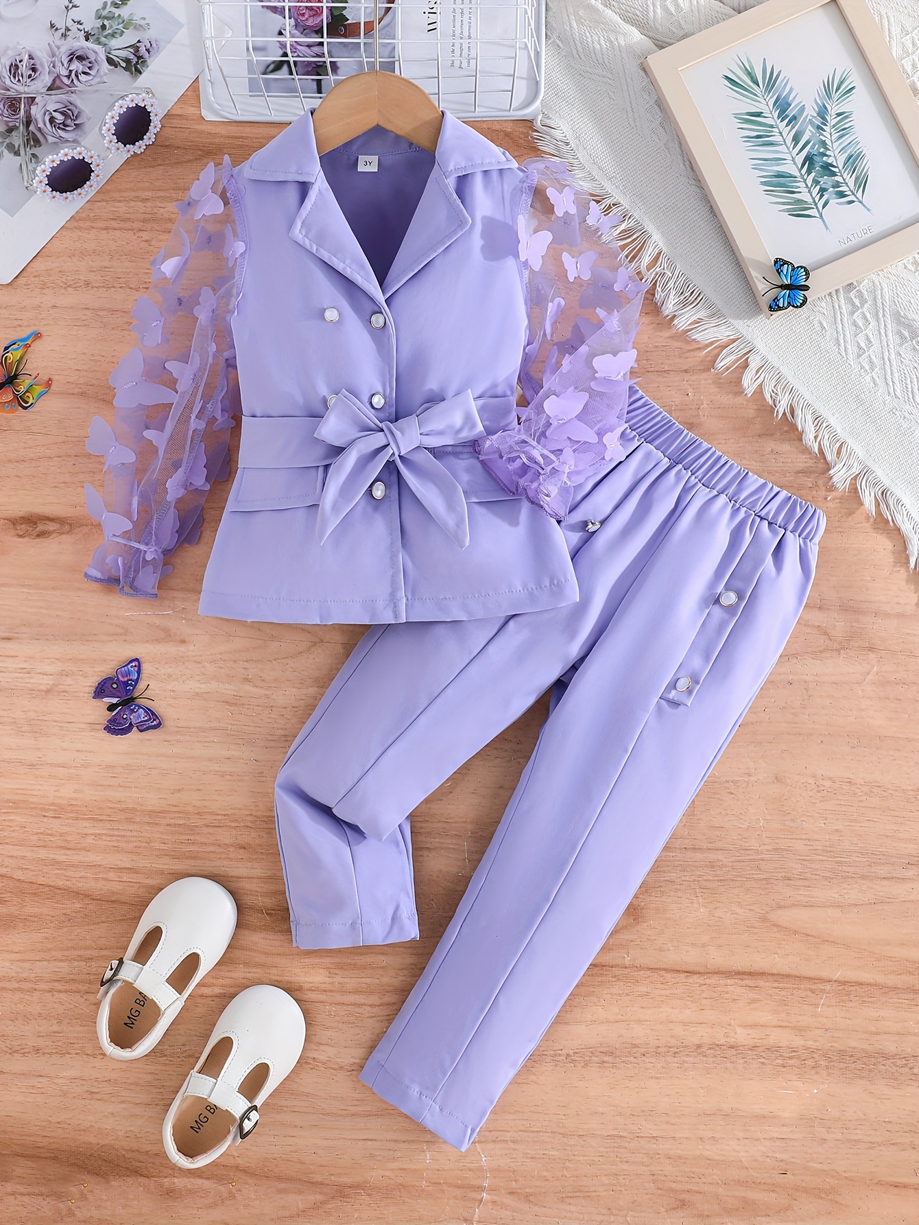 2pcs Girls' Butterfly Blazer and Solid Color Pants Set