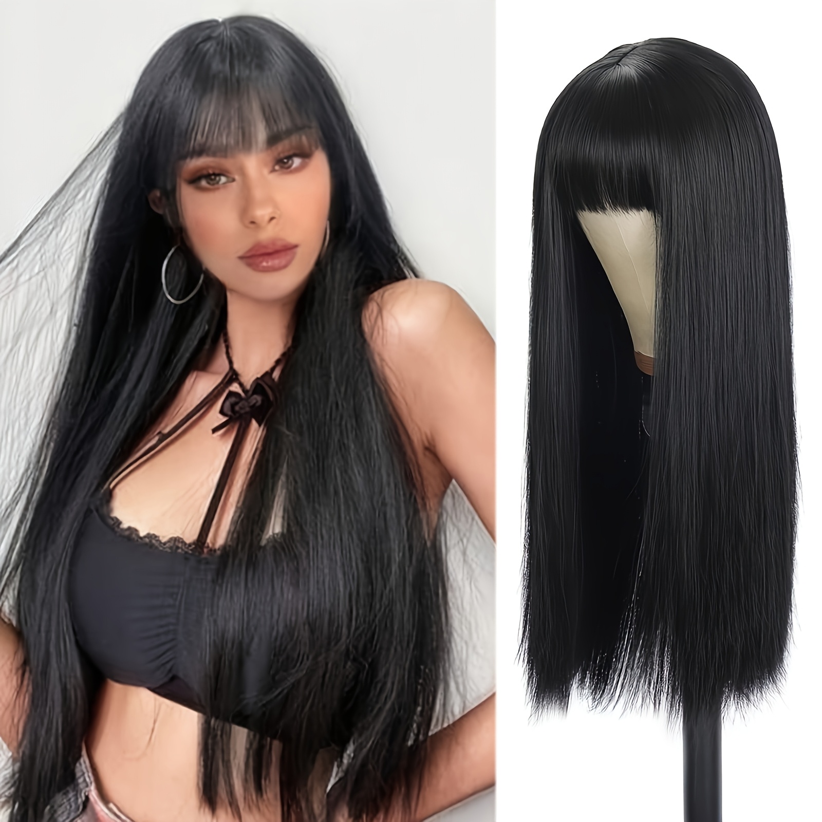 Image of 26-inch Elegant Ladies' Long Straight Wig With Bangs, Black Straight Hair, Suitable For All . Halloween, Christmas, Cosplay, Dark Style Wig, Ladies' Wig. Worn Daily Or For Festivals. Wig