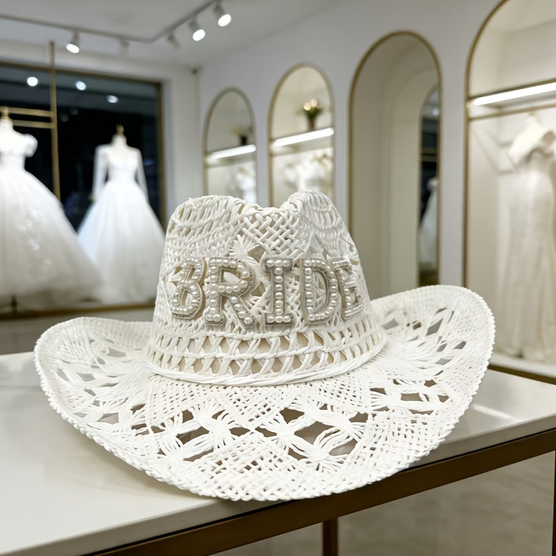 Straw Cowboy Hat with Bride Pearl for Bachelorette Wedding Bride Pearl Cowgirl Hat: Rhinestone Nashville Bachelorette  main image 3