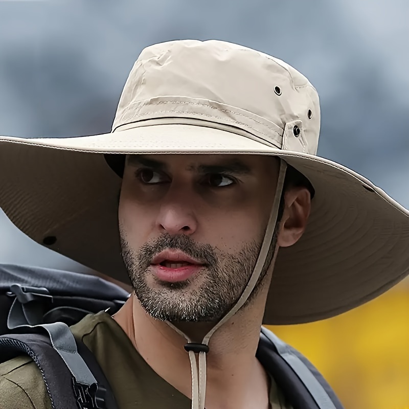 TEMU 1pc Men's Breathable Wide Brim Sun Hat With Uv Protection, Adjustable Buckle Closure, Solid Color, Outdoor Hiking & Recreation Hat With Non-woven Polyester Fabric