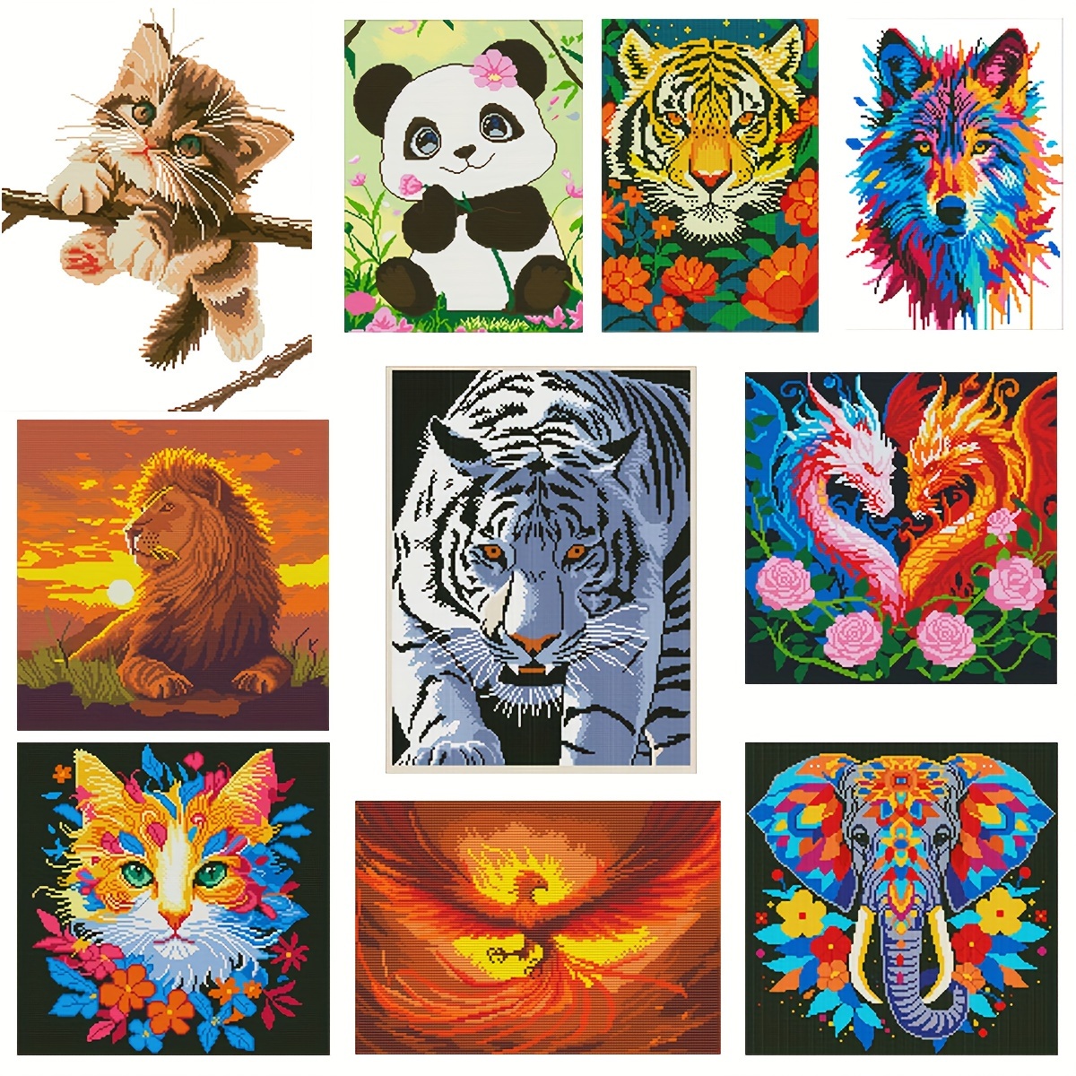 

Animal Series Cross Stitch Kit - Panda, Cat, White Tiger, Phoenix, Wolf, Heart Dragon, Lion, - 11ct Medium Grid Embroidery Set For Beginners With Pre-printed Fabric And Threads