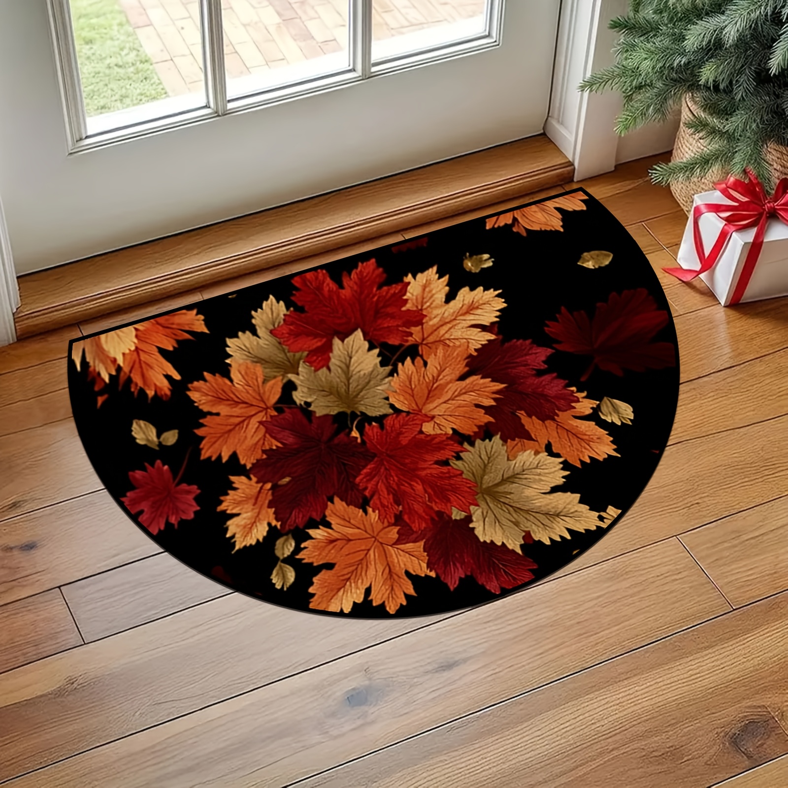 TEMU 1 tapis de porte d'automne - Tapis de sol semi-circulaire antidérapant, motif orange dorée, utilisation intérieure/extérieure - Décoration