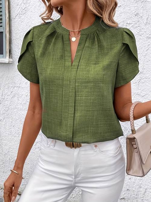 elegant petal sleeve notched v neck shirt solid color suitable for spring summer fall