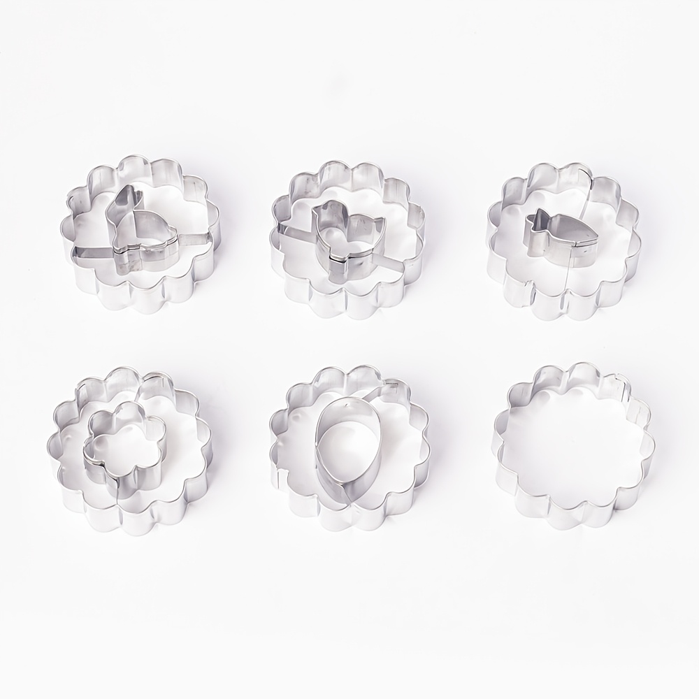 6pcs Easter Round Wave Sandwich Cookie Cutter Set, Mini Icing Cookie Cutters, Stainless Steel Rabbit, Carrot, Chick, Flower, Molds, Spring Baking Tools