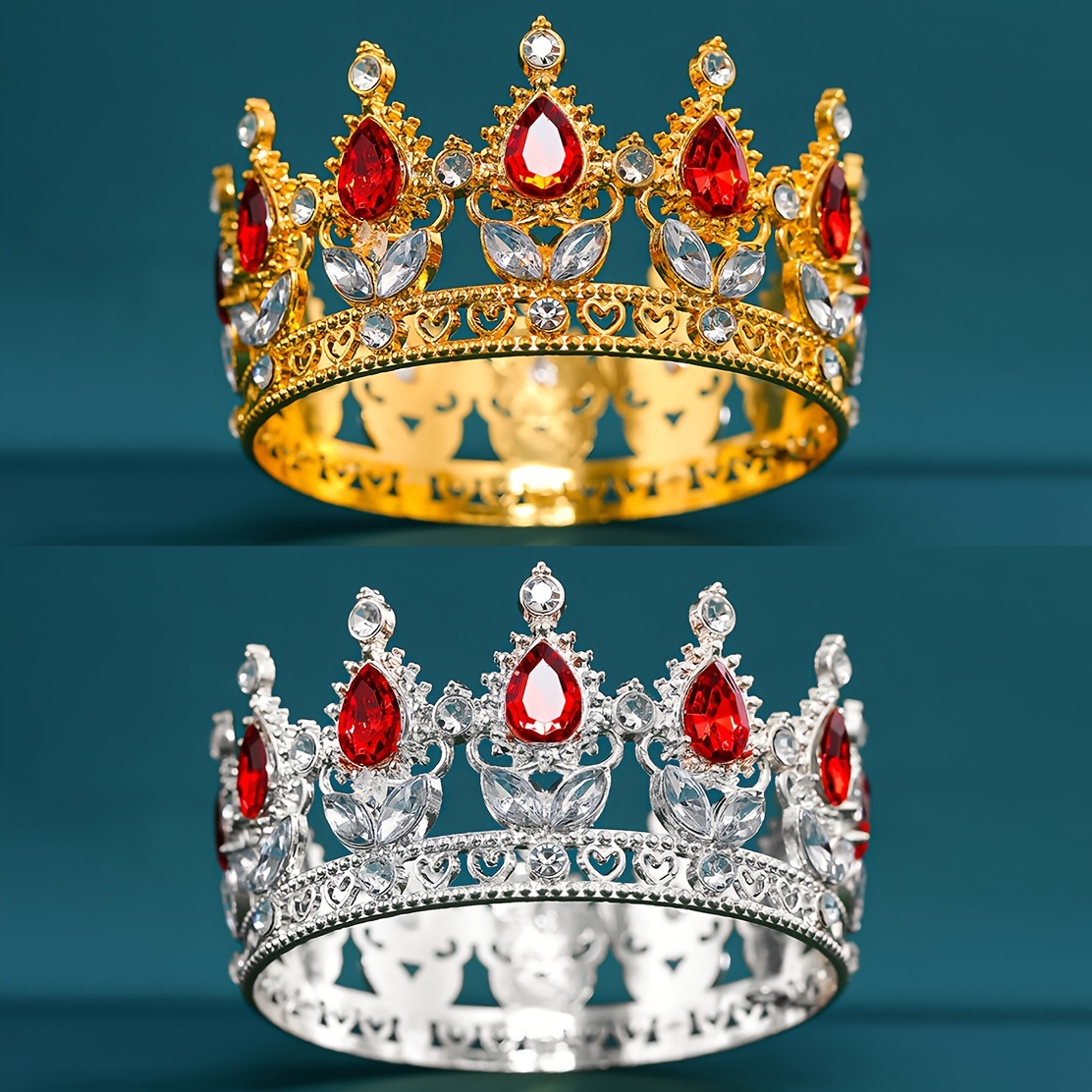 

2pcs Modern Cake Crown Sets, With Shining Golden And Silvery Background And Gorgeous Red Diamond - An Ideal Dress For Wedding Parties And Birthday Parties