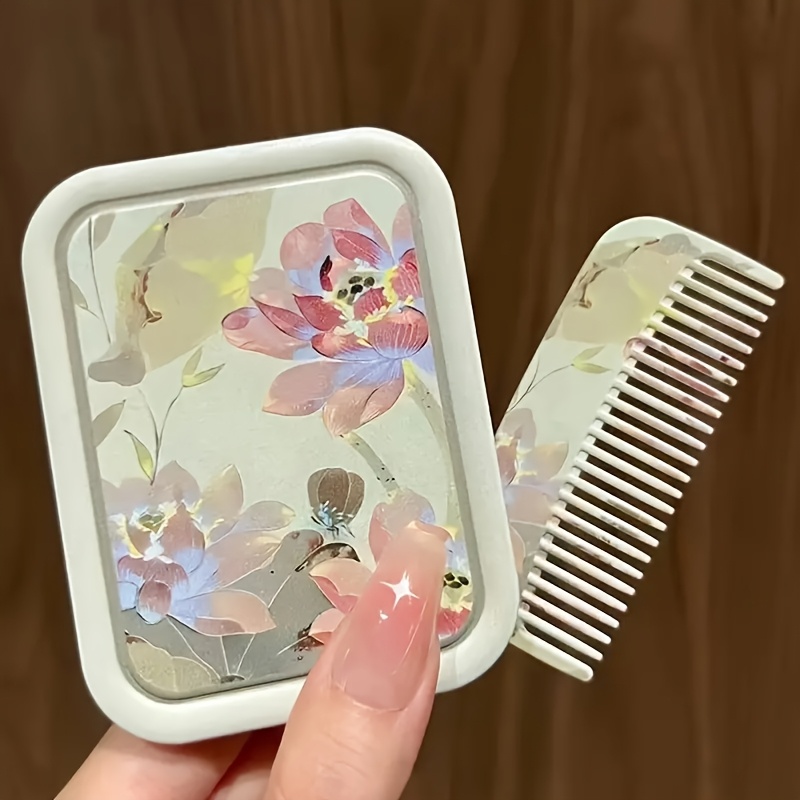 TEMU Portable Flower Hair Comb And Mirror Set - Durable Abs Plastic, Suitable For All Hairstyles, With A Folding Design Ideal For Styling
