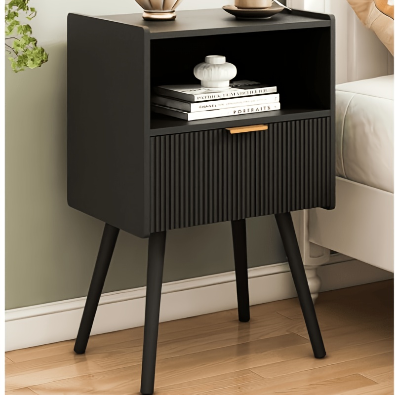 Nightstand Wooden, 42x30x65cm, Coffee Table With Drawer And Open Compartment, Wooden Legs, Table For Living Room, Bedroom, Sofa, Black