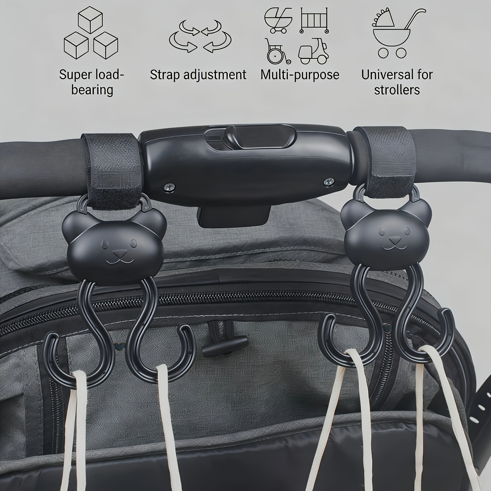 TEMU 2pcs Carriage Hooks - Multi-functional Self-adhesive, Car Seat, Stroller, Carrying Cart Cartoon Storage Double Hooks Accessories, Durable Bag