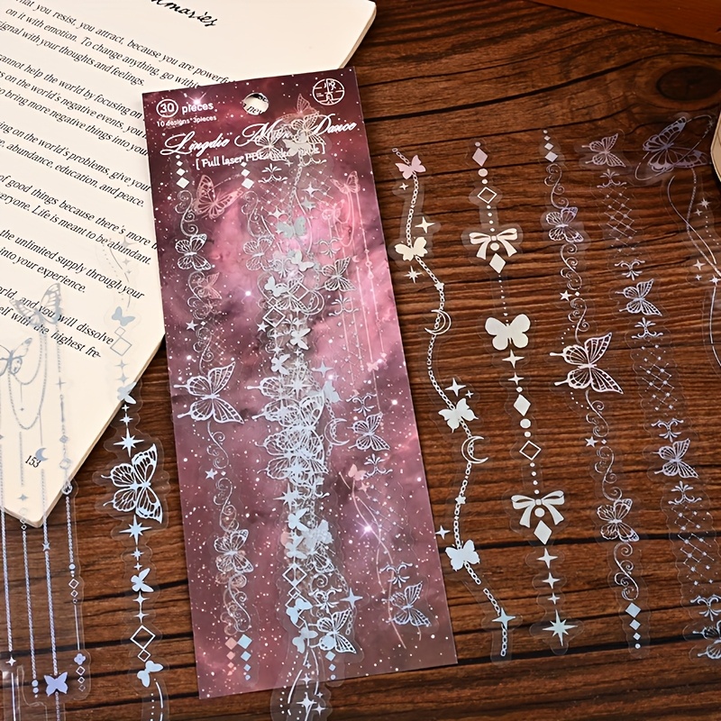 E-shop 30 Stück Einzelverpackung Vintage Laser Blumen Schmetterling Serie DIY Material Kleber Karte Lange Streifen Schneidefolie Aufkleber PET Geeignet