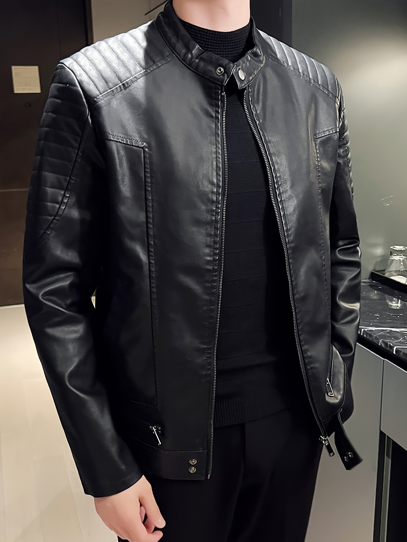 men's casual leather jacket brown stand collar zip Temu Colombia