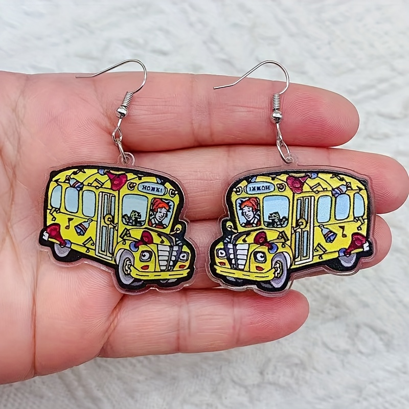 

Yellow School Bus Acrylic Drop Earrings - Double-sided Print, Vintage Bohemian Style, Alloy Hooks, Ideal For Or Gifting, Perfect Back To School Accessory, Teacher Earrings