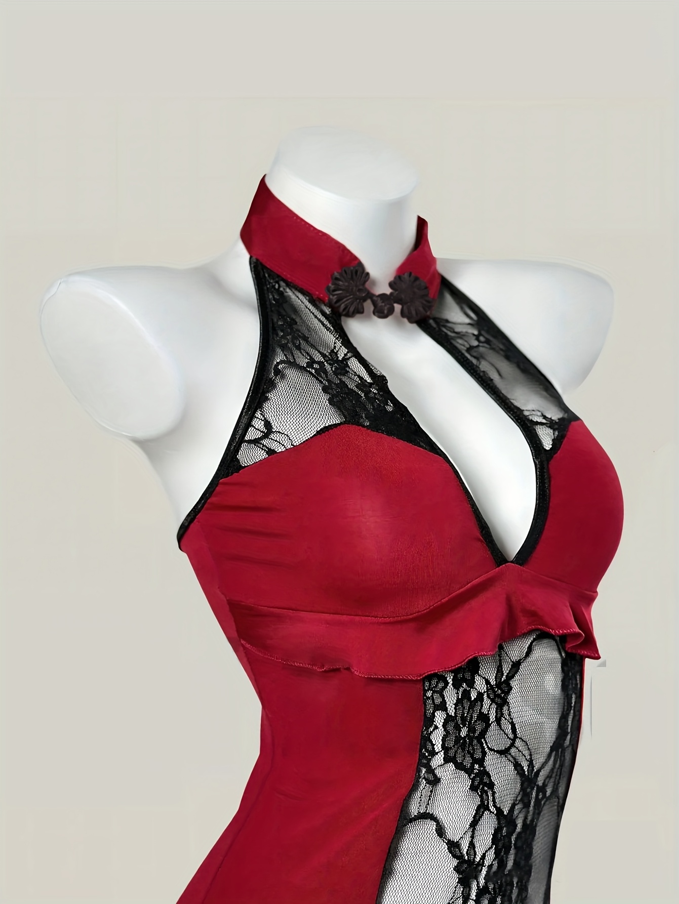 Elegant Deep V-Neck Hollow-Out Sexy Lingerie Nightgown | Jacquard Pattern with Contrast Lace Details, Suitable for Adults