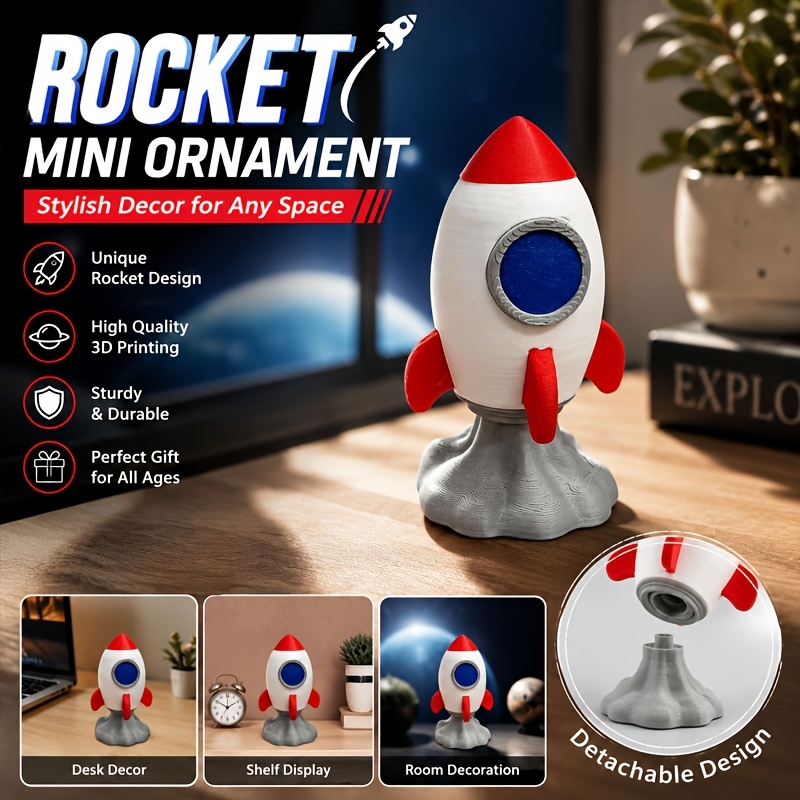 TEMU 3d Printed Ornament, Space Rocket Figurine Desktop Decor, Themed Tabletop Ornament, Home Office Desk Decor Gift