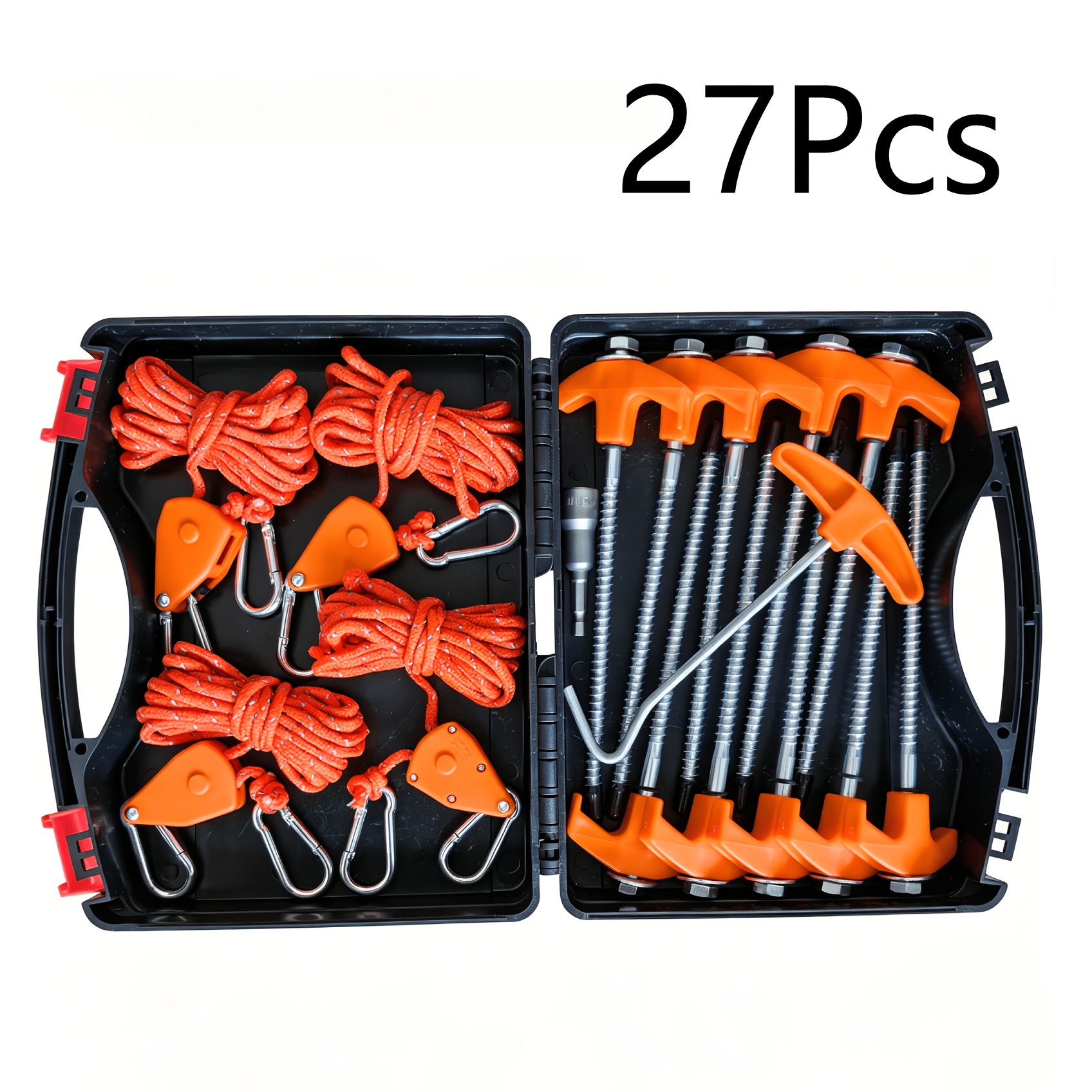 TEMU 27pcs Outdoor Tent Spiral Tent Pegs And Guyline Set, High-strength Fluorescent Orange Anchoring Pegs With Protective Caps, 4m Reflective Wind