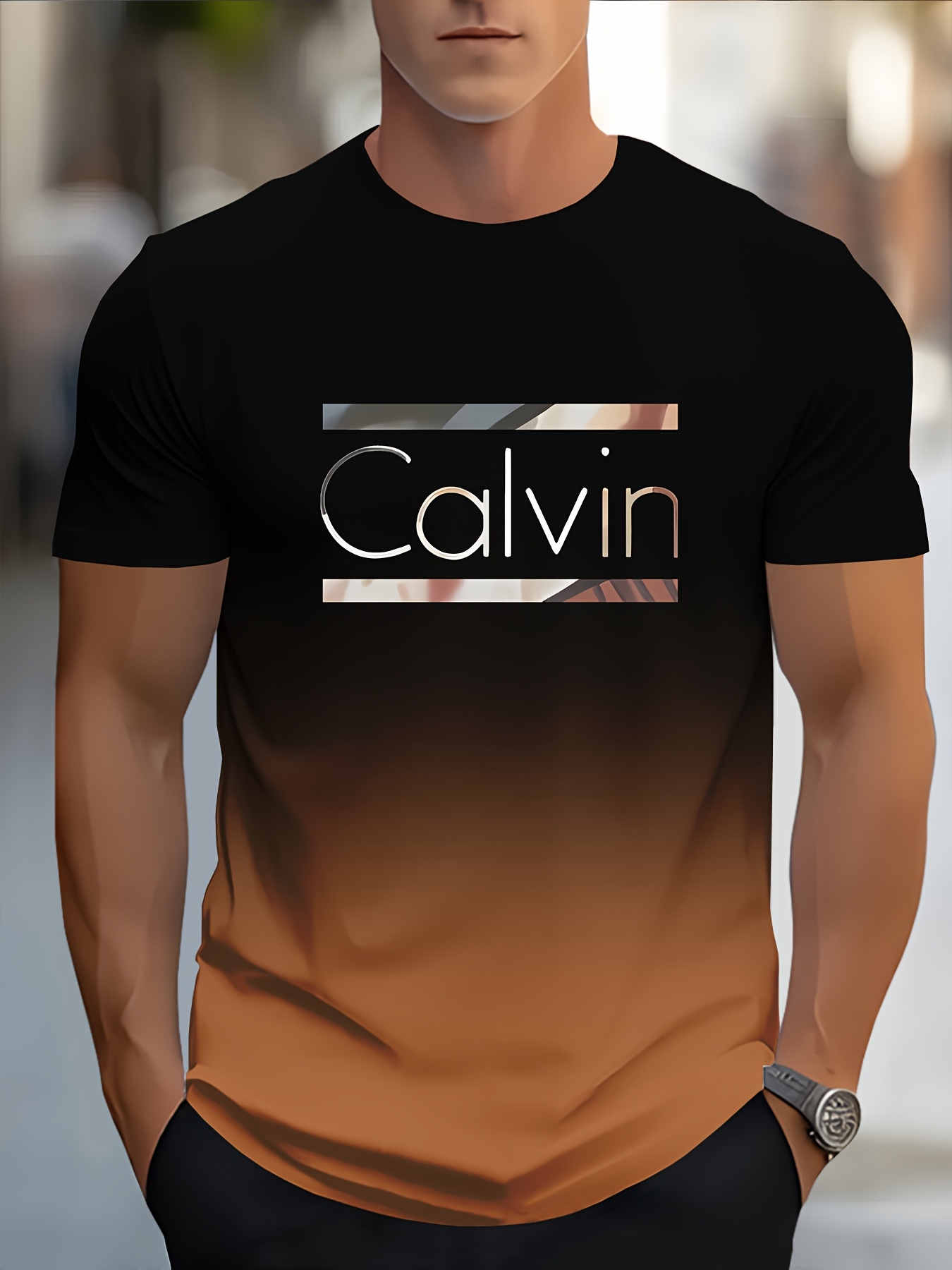 Men'S Casual Short Sleeve T-Shirt with Bold CALVIN Monogram Print - Blue & White Gradient Design, Regular Fit Round Neck, Machine Washable for Casual Attire, Summer Apparel, Modern Fashion, Comfortable Fabric, Graphic Tee, Streetwear Style