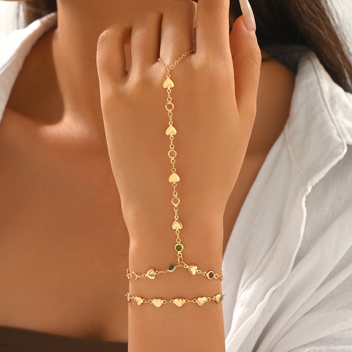 TEMU Conjunto de joyería de elegante de 2 piezas con y piedra colorida, cadena de apilable y pulseras en tono dorado para mujer, adiciones de muñeca
