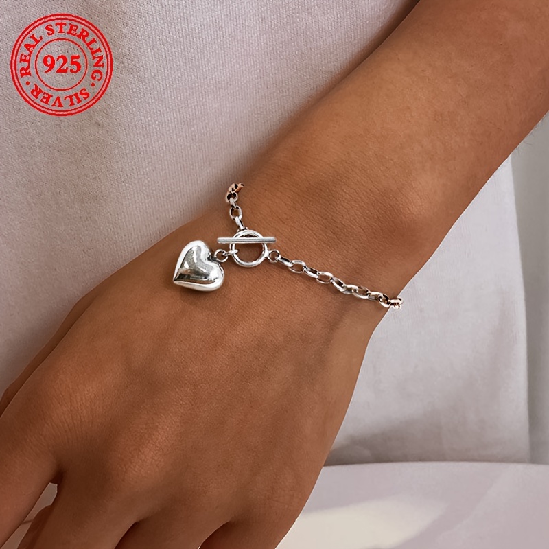 

925 Sterling Silver Women' Bracelet, Simple Heart Charm With Clasp, 4.6g, Vintage Minimalist Style, Unisex Gift For And