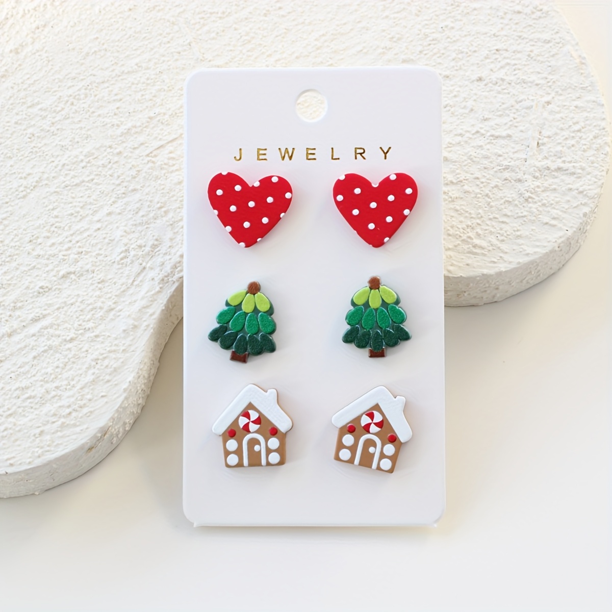 TEMU Christmas 3-for-1 Card Heart Christmas Tree Cookie House Women's Stud Earrings, Lightweight Material, Cute Vintage Simple Versatile Gift