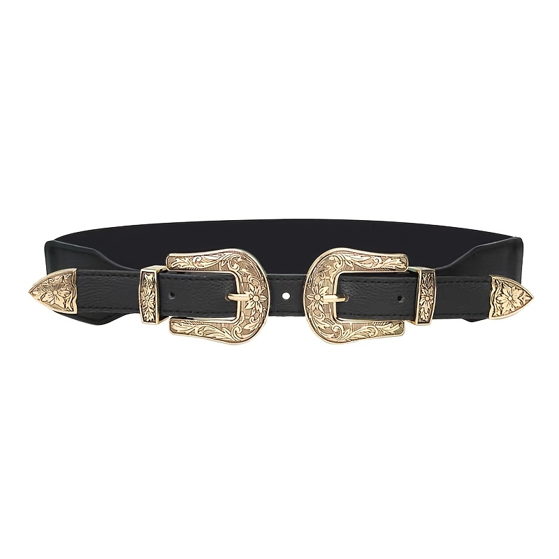 Vintage Carved Double Button Elastic Belt for Women