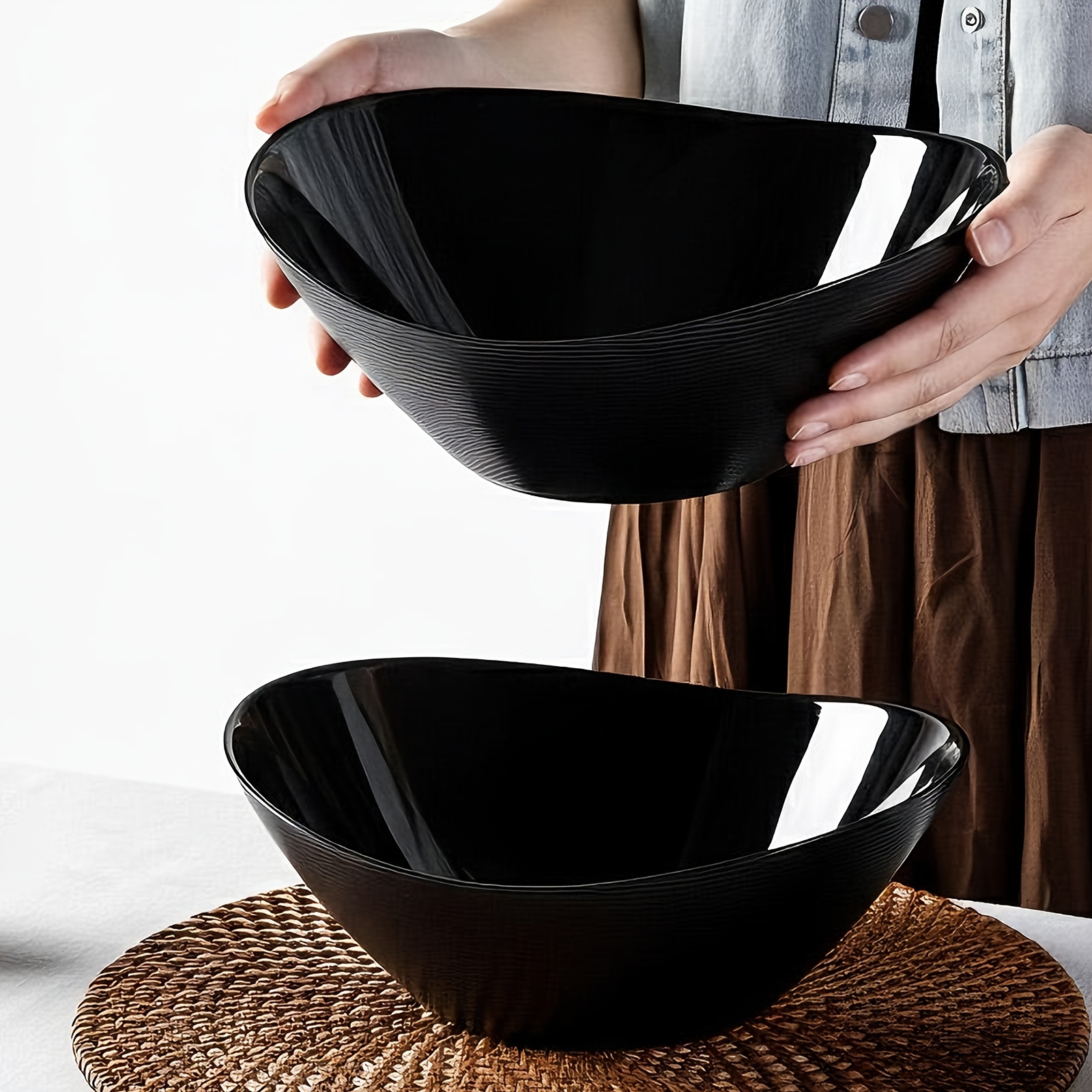 TEMU 2pcs Set 67-ounce Black Glass Oval Serving Bowls - 10-inch Large Salad/pasta/popcorn/soup Bowls - Lightweight, -resistant, Microwave And