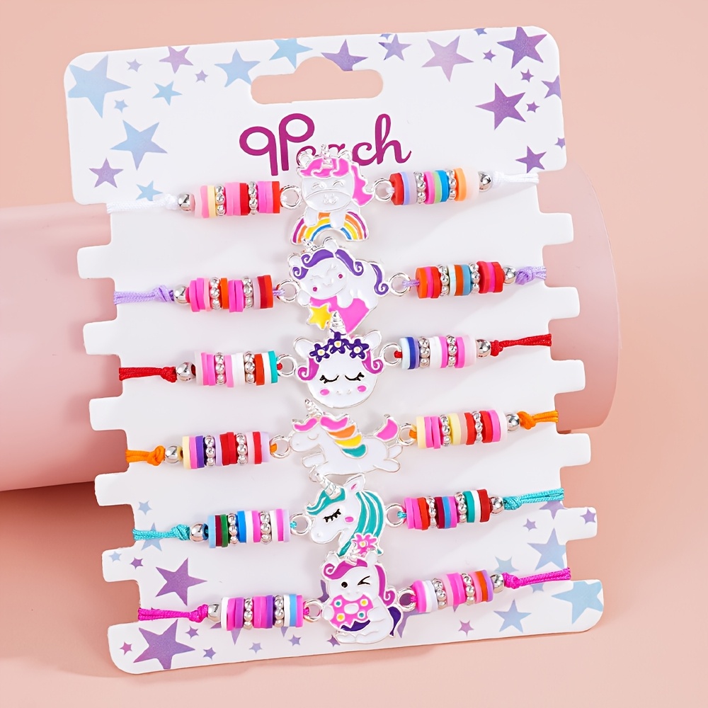 TEMU 6pcs Cute Unicorn Bracelet Set For Girls And Kids, Colorful Enamel Charms Adjustable Drawstring Jewelry, Perfect Birthday Party And Music