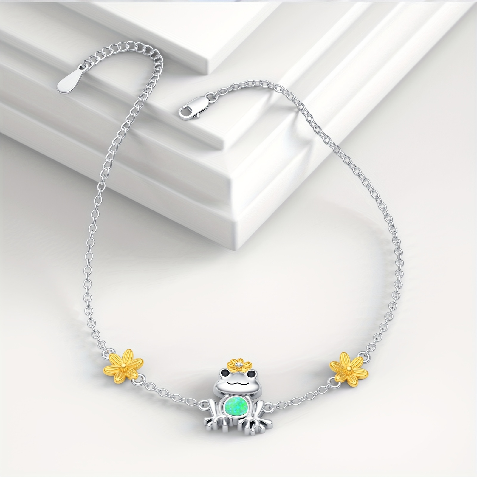 925 Sterling Silver Green Opal Frog Bracelet