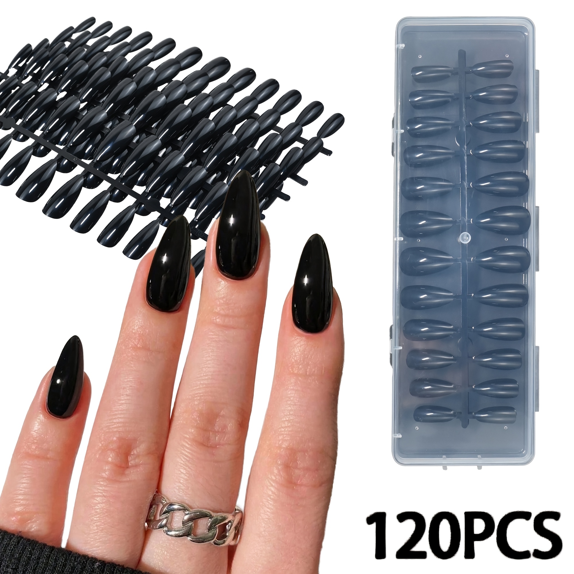 TEMU 120pcs Pre-made False Nails, Medium-length Almond Shape, Black Nail Art, Fashionable False Nails, Glossy Full-cover False Nails, Diy Manicure