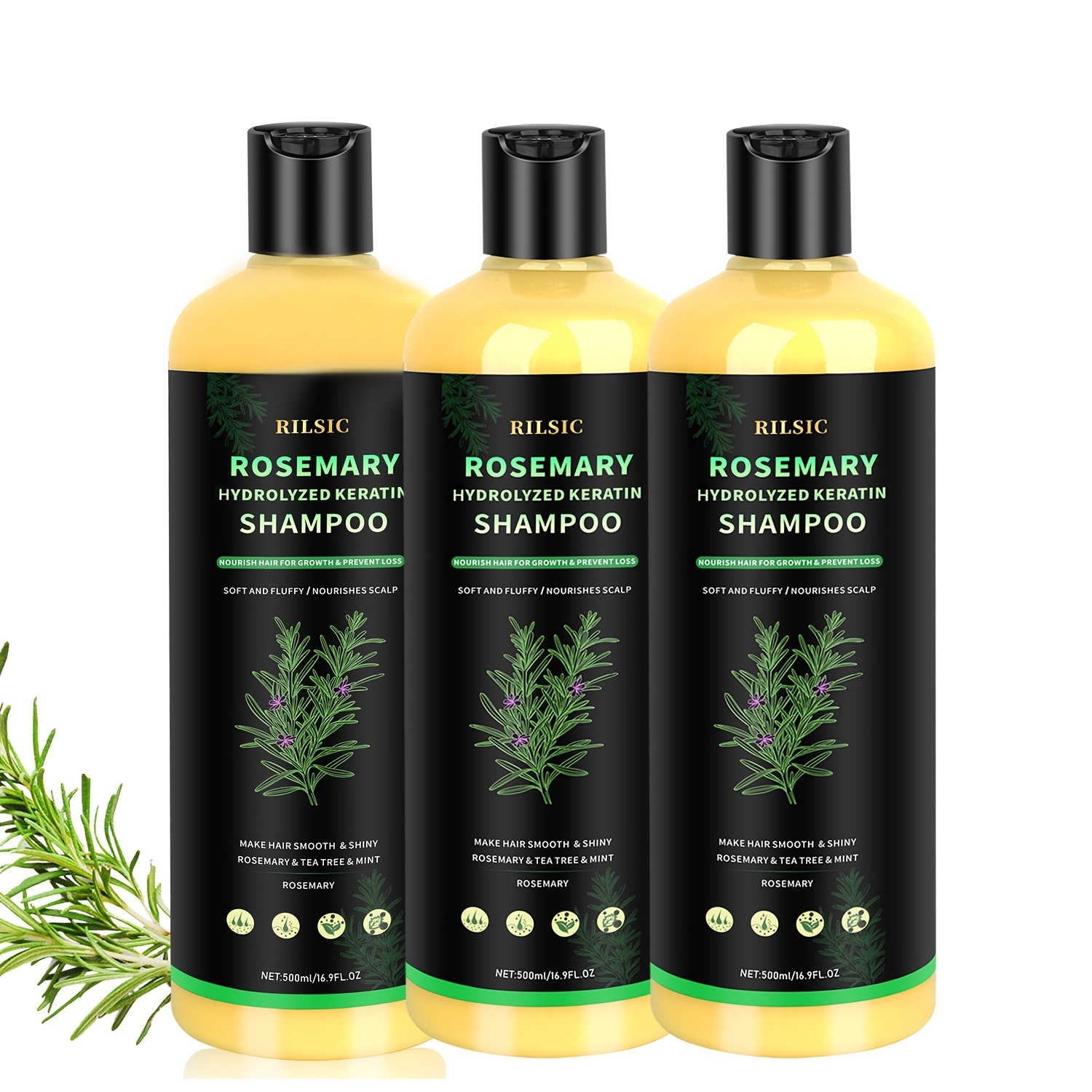 TEMU Rilsic 3pcs Rosemary Thickening Shampoos, Containing Rosemary Extract, Cleansing Gentle Moisturizing Volumizing Herbal Shampoo, Daily Use,