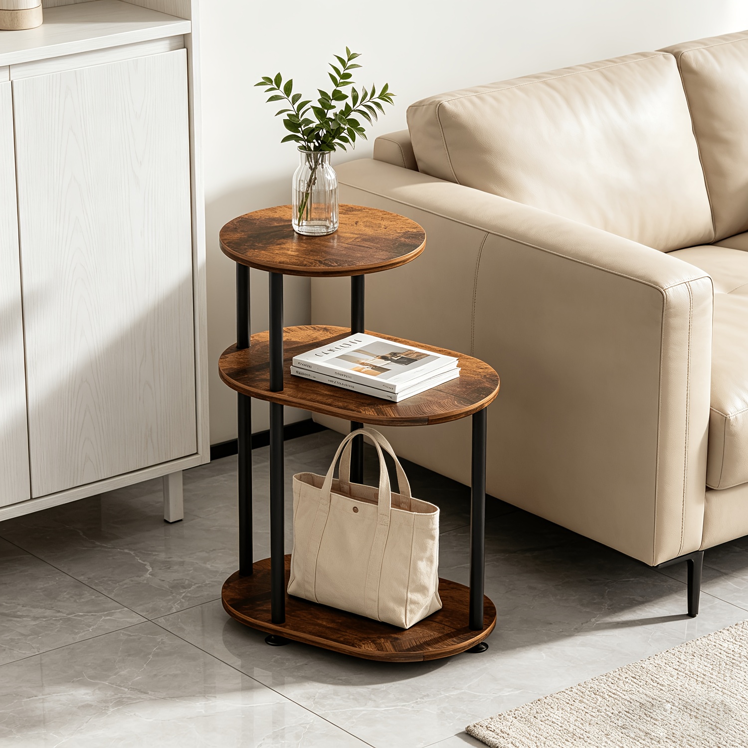 3-stufiger leiter-beistelltisch, schmaler couchtisch für kleine räume, rustikaler brauner mehrstufiger aufbewahrungs-beistelltisch, industrieller sofa-beistelltisch für wohnzimmer, schlafzimmer, wohnung