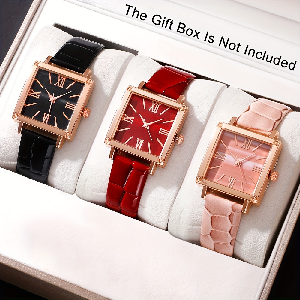 

3 Pcs Square Quartz Watch Pu Leather Strap Zinc Alloy Pointer Zinc Alloy Case Black/red/pink Ideal New Year Christmas Gift For Family Friends